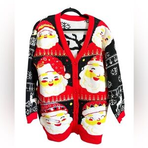 Ugly Christmas Santa Cardigan Sweater XL Reindeer Snowflake Holiday